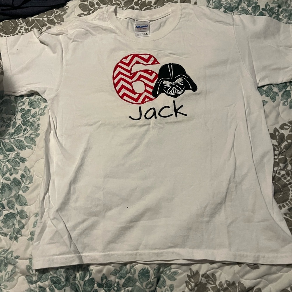 Gildan White Kids Tee with Red and Black Graphic